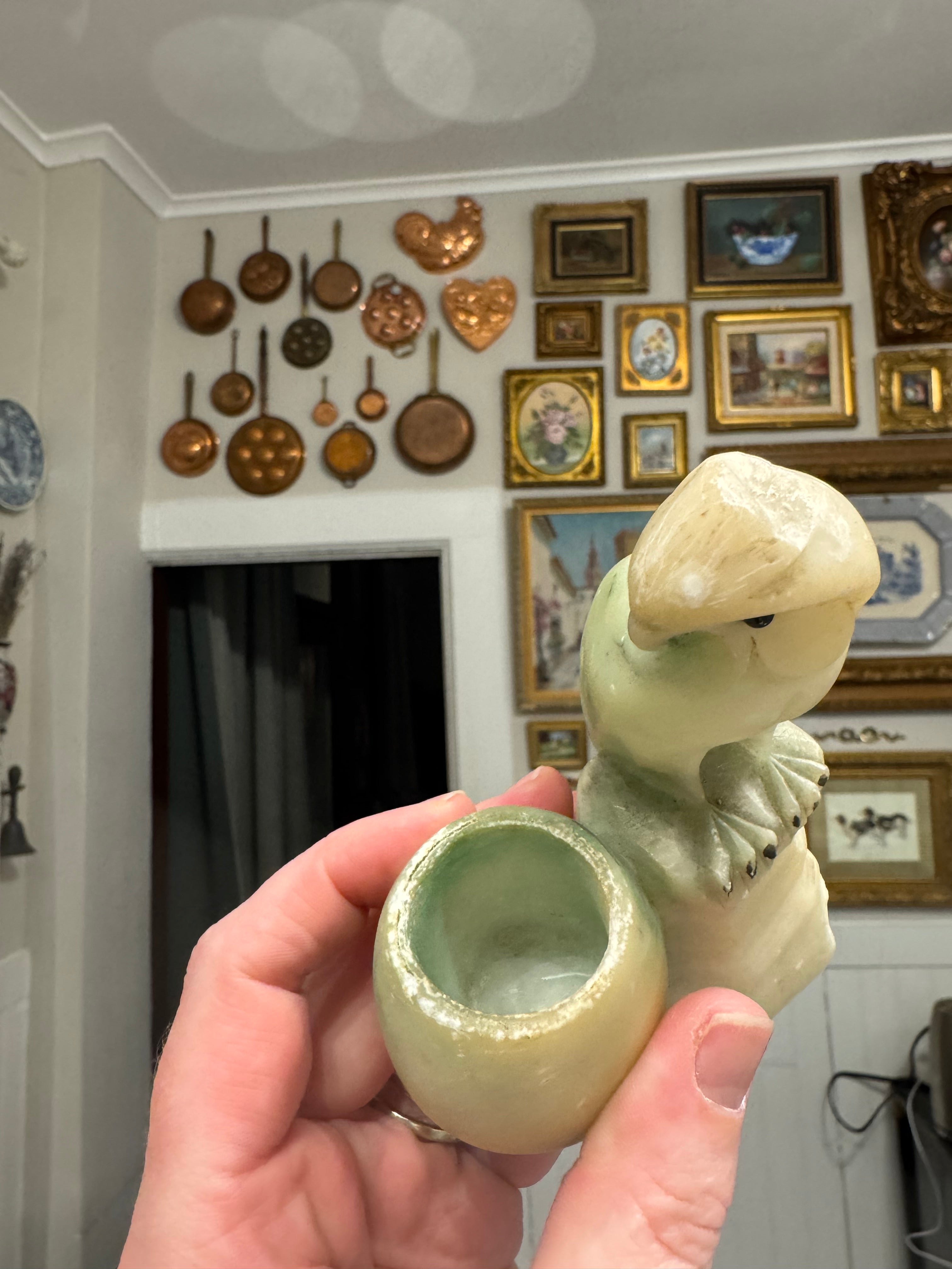 Carved alabaster bird toothpick holder