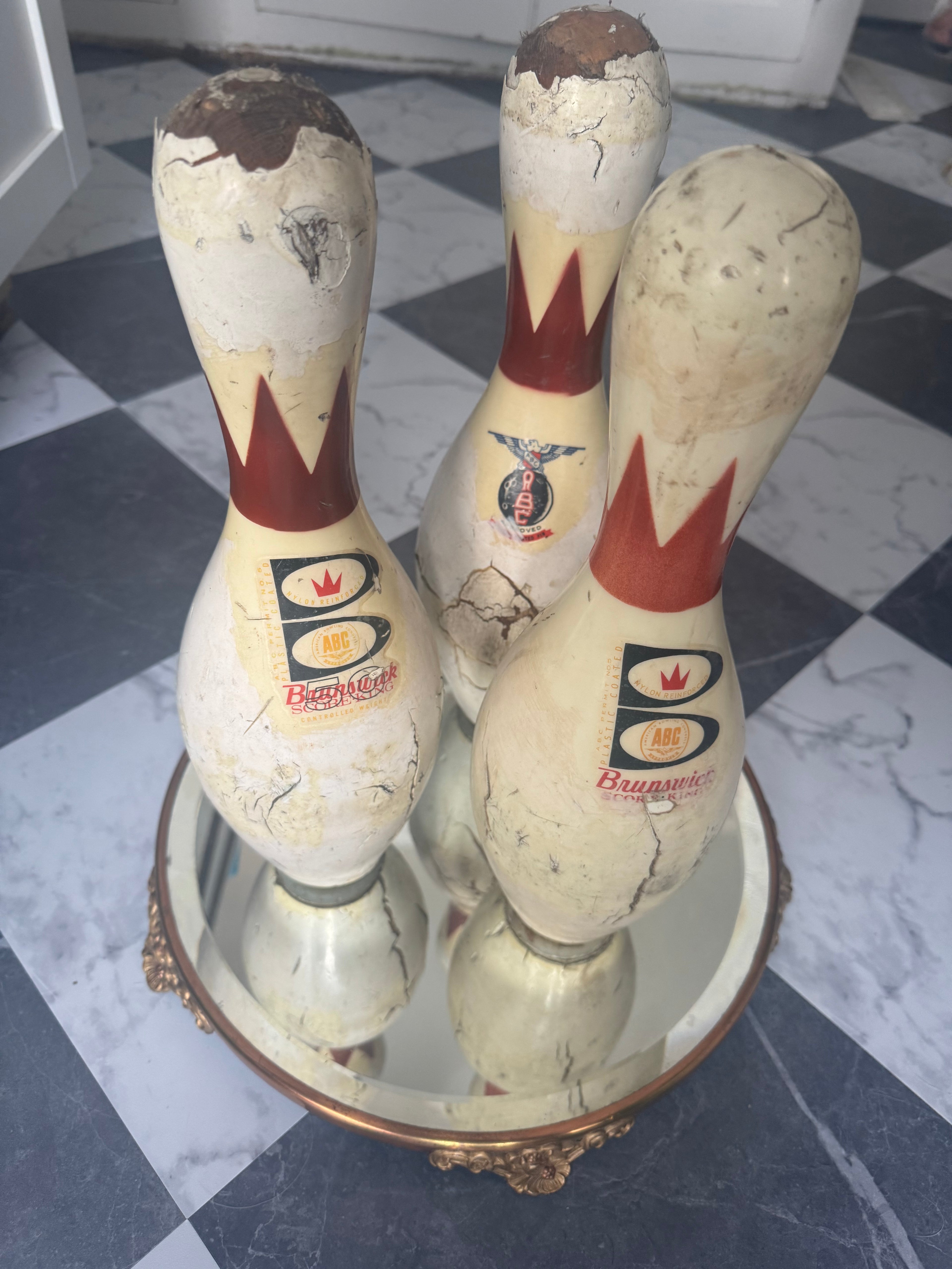 Set of 3 bowling pins, very chippy