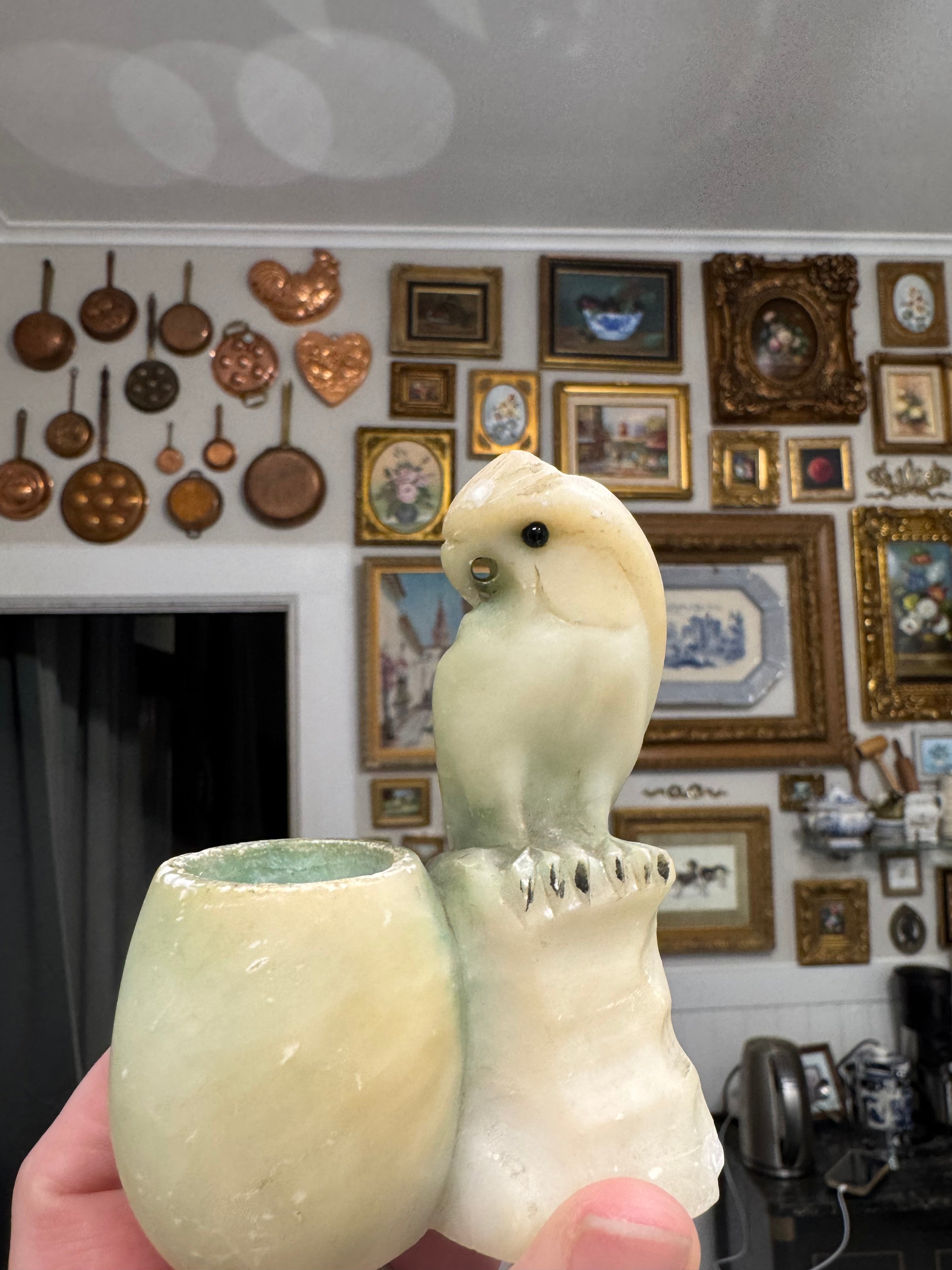 Carved alabaster bird toothpick holder