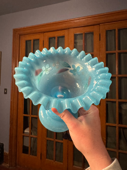 Antique opaline ruffled candy compote